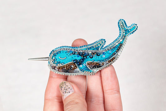 Blue Narwhale Bead embroidery kit. Seed Bead Brooch kit. DIY Craft kit. Beadweaving Kit. Needlework beading. Handmade Jewelry Making Kit