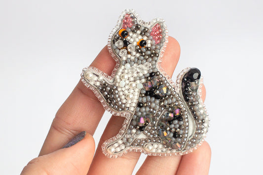 Gray Tabby Cat Bead embroidery kit. Seed Bead Brooch kit. DIY Craft kit. Beadweaving Kit. Needlework beading. Handmade Jewelry Making Kit