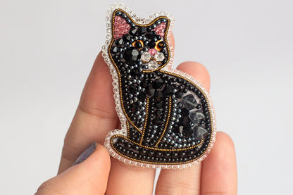 Black Cat Bead embroidery kit. Seed Bead Brooch kit. DIY Craft kit. Beadweaving Kit. Needlework beading. Handmade Jewelry Making Kit