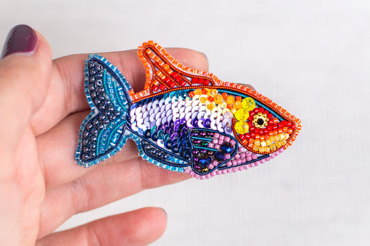 Rainbow Fish Bead embroidery kit. Seed Bead Brooch kit. DIY Craft kit. Beadweaving Kit. Needlework beading. Handmade Jewelry Making Kit