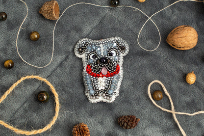 Bulldog Bead embroidery kit. Seed Bead Brooch kit. DIY Craft kit. Beadweaving Kit. Needlework beading. Handmade Jewelry Making Kit