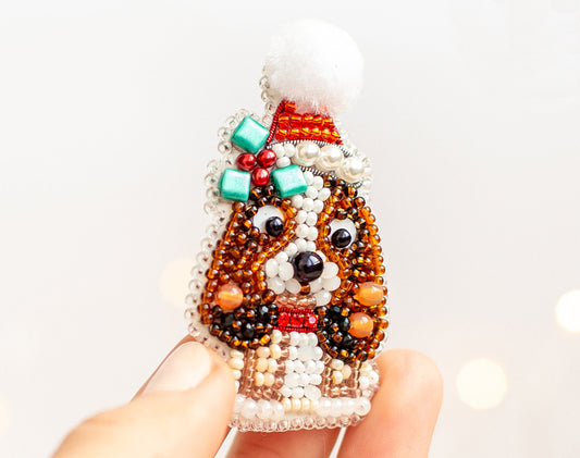 Christmas Dog Bead embroidery kit. Seed Bead Brooch kit. DIY Craft kit. Beadweaving Kit. Needlework beading. Handmade Jewelry Making Kit