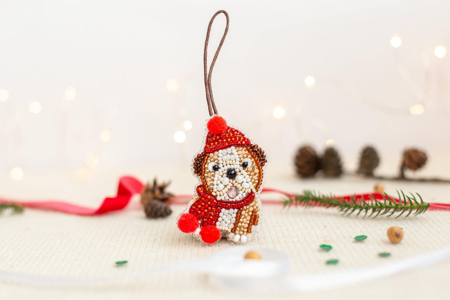 Christmas Bulldog Bead embroidery kit. Seed Bead Brooch kit. DIY Craft kit. Beading kit. Needlework beading. Handmade Jewellery Making kit