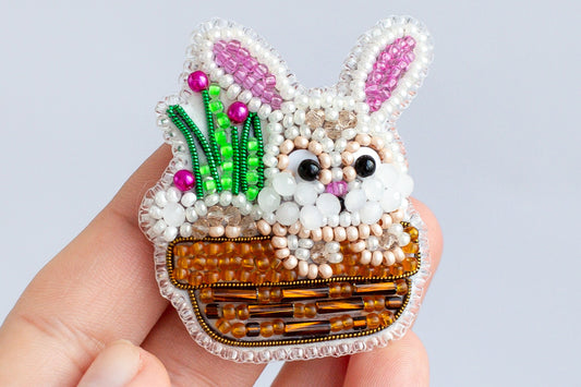 Rabbit in Basket Bead embroidery kit. Seed Bead Brooch kit. DIY Craft kit. Beadweaving Kit. Needlework beading. Handmade Jewelry Making Kit