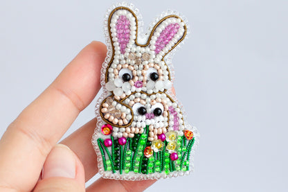 Rabbits in Grass Bead embroidery kit. Seed Bead Brooch kit. DIY Craft kit. Beadweaving Kit. Needlework beading. Handmade Jewelry Making Kit