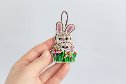 Rabbits in Grass Bead embroidery kit. Seed Bead Brooch kit. DIY Craft kit. Beadweaving Kit. Needlework beading. Handmade Jewelry Making Kit