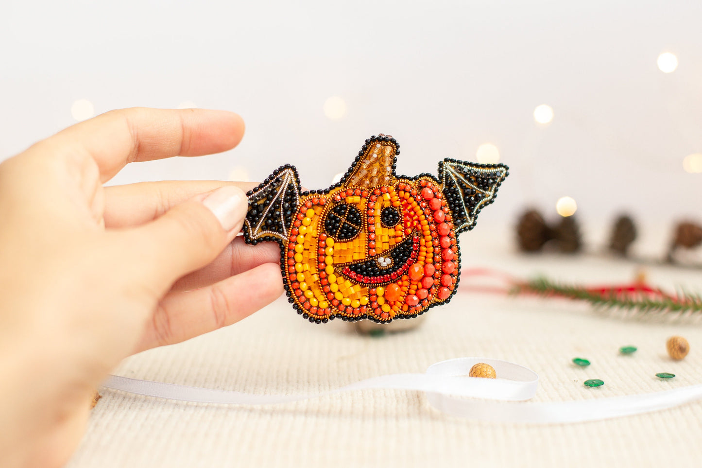 Halloween Pumpkin Bead embroidery kit. Seed Bead Brooch kit. DIY Craft kit. Beadweaving Kit. Needlework beading. Handmade Jewelry Making Kit