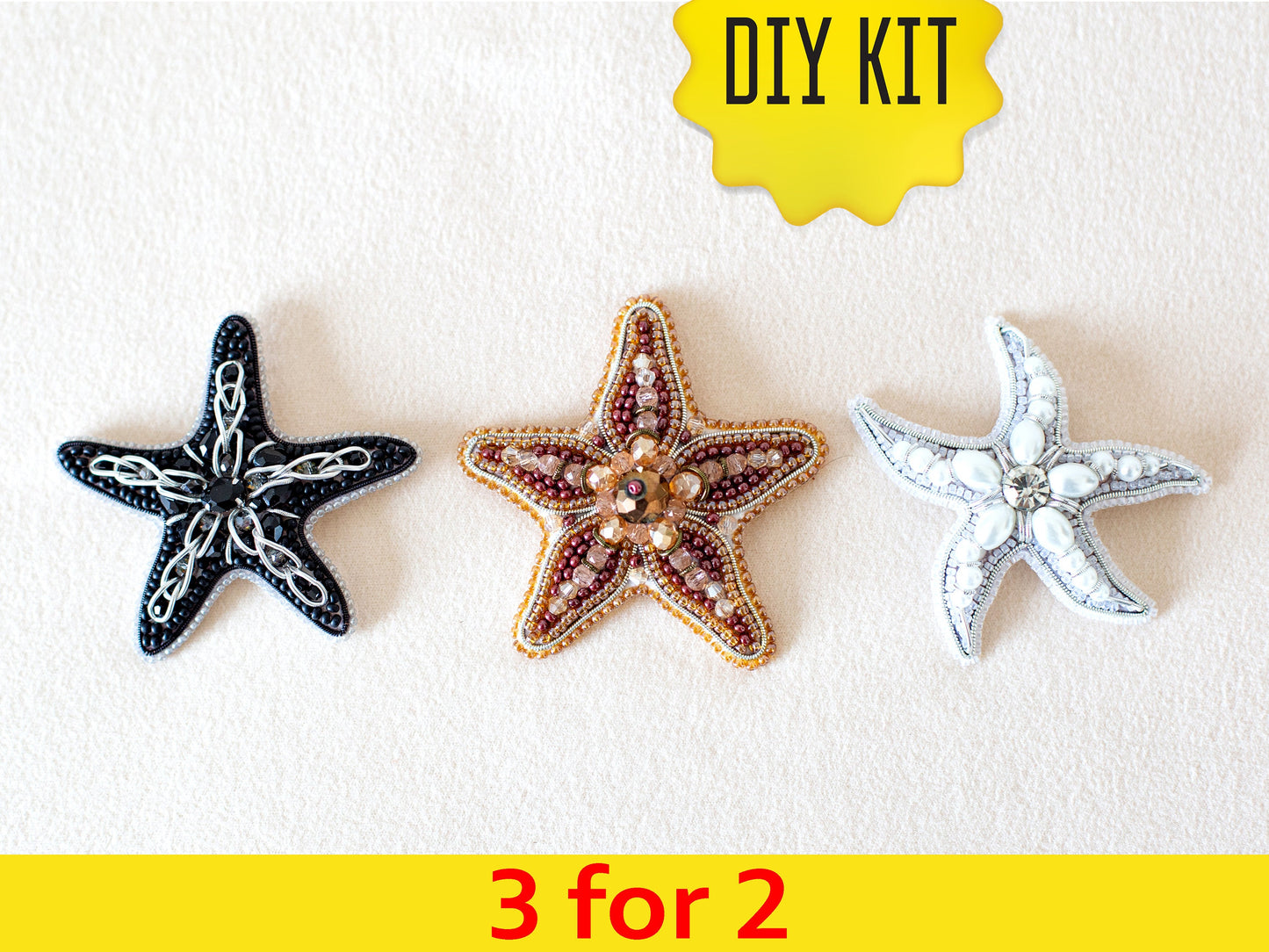 Set of 3 DIY Beaded Brooches Kits, Craft kits, Beaded Starfishes Brooches, Jewelry Making Kits for Adults, Needlework beading