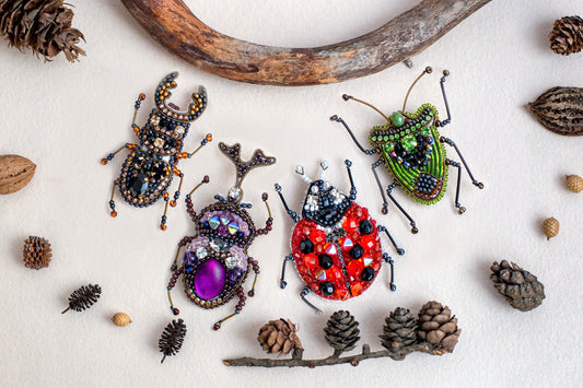 Set of 4 bugs Bead embroidery kits. Seed Bead Brooch kits. DIY Craft kits. Beadweaving Kits. Needlework beading. Handmade Jewelry Making Kit