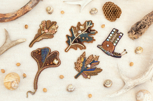 Set of 4 leafs and snail Bead embroidery kits. Seed Bead Brooch kits. DIY Craft kits. Beadweaving Kits. Needlework beading