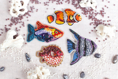 Set of 4 fishes Bead Embroidery kits. Seed Bead Brooch kits. DIY Craft kits. Beadweaving Kits. Needlework beading