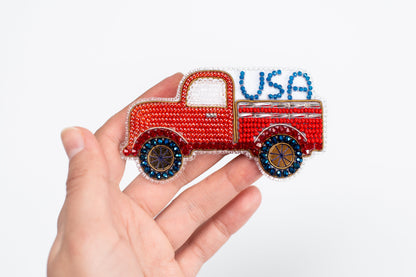 USA Red Truck Bead Embroidery Kit. DIY bead brooch. Seed Bead Brooch kit. DIY Craft kit. Beadweaving Kit. Needlework beading