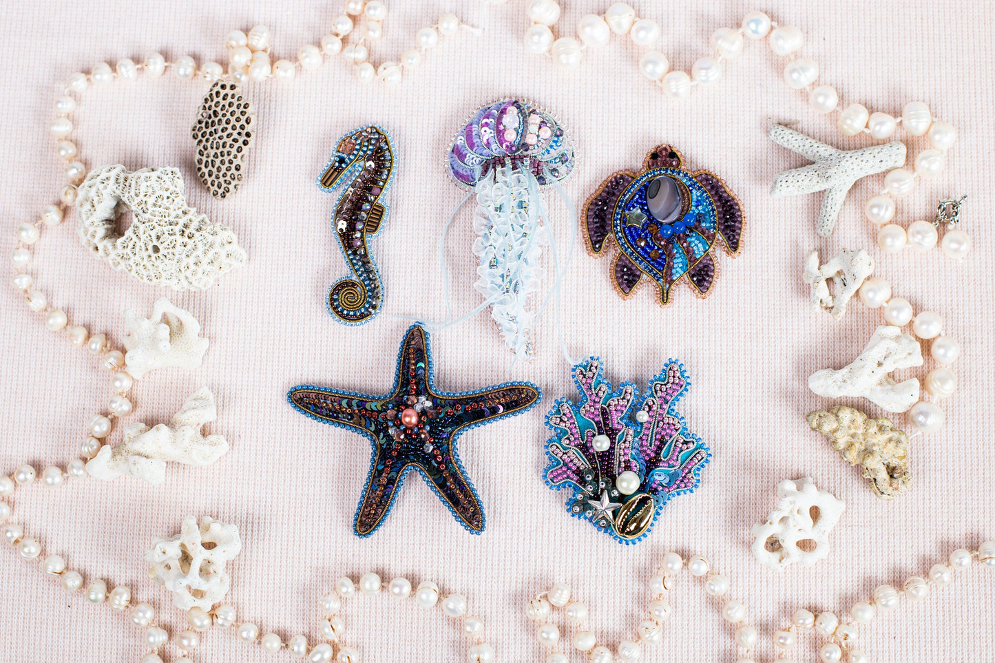 Set of 5 DIY Beaded Brooches Kits, Craft kits, Beaded Sea Creatures Brooches, Jewelry Making Kits for Adults, Needlework beading