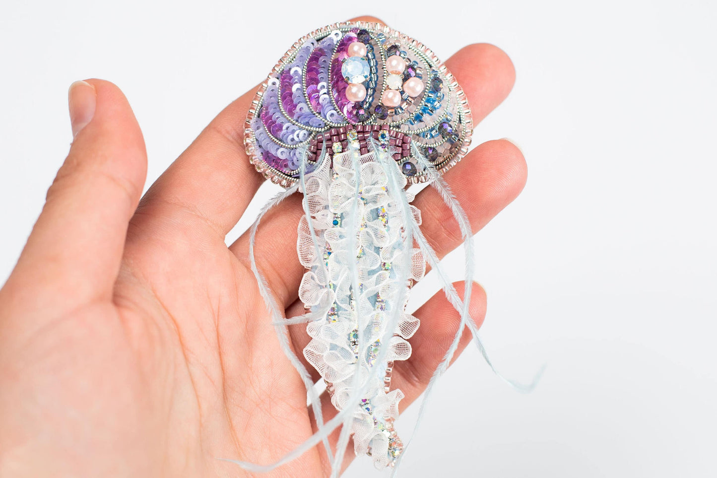Jellyfish Bead embroidery kit. DIY craft kit Jellyfish. Jellyfish Brooch with Feather Tentacles. Bead Brooch kit. Needlework beading