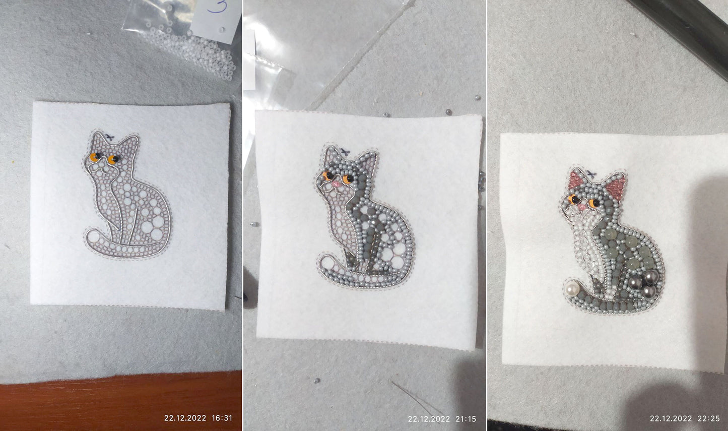 Gray Cat Bead embroidery kit. Seed Bead Brooch kit. DIY Craft kit. Beadweaving Kit. Needlework beading. Handmade Jewelry Making Kit