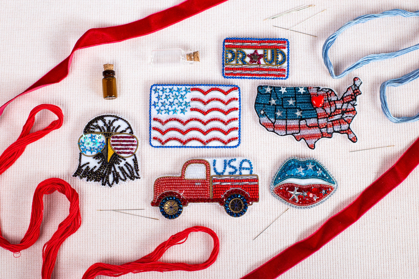 American Flag Bead Embroidery Kit. Seed Bead Brooch kit. DIY Craft kit. Beadweaving Kit. Needlework beading. Handmade Jewelry Making Kit