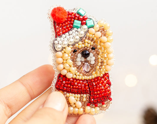 Christmas Dog Bead embroidery kit. Seed Bead Brooch kit. DIY Craft kit. Beadweaving Kit. Needlework beading. Handmade Jewelry Making Kit