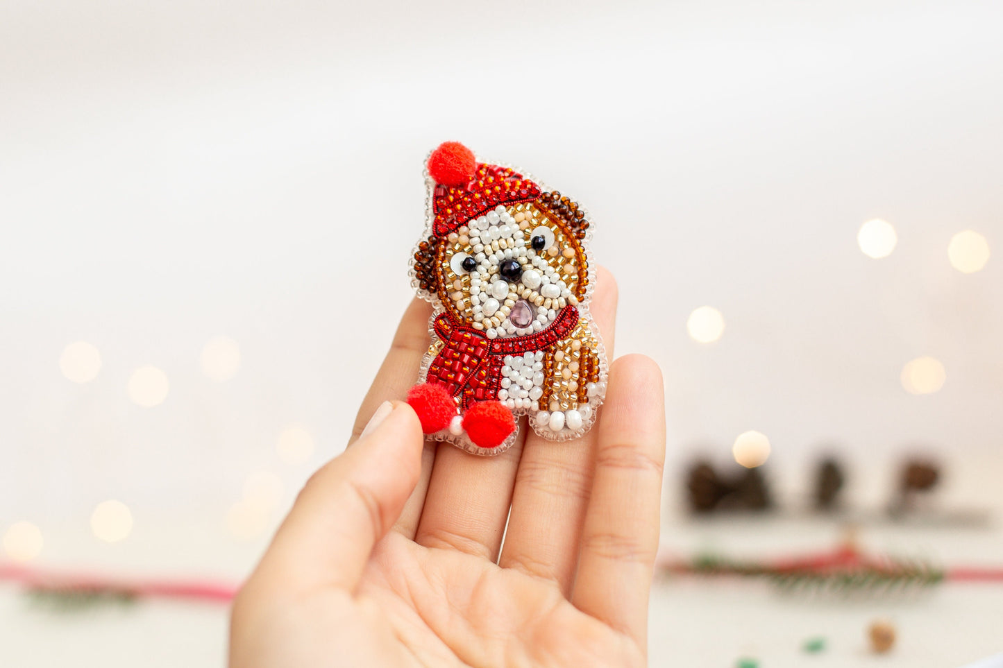 Christmas Bulldog Bead embroidery kit. Seed Bead Brooch kit. DIY Craft kit. Beading kit. Needlework beading. Handmade Jewellery Making kit