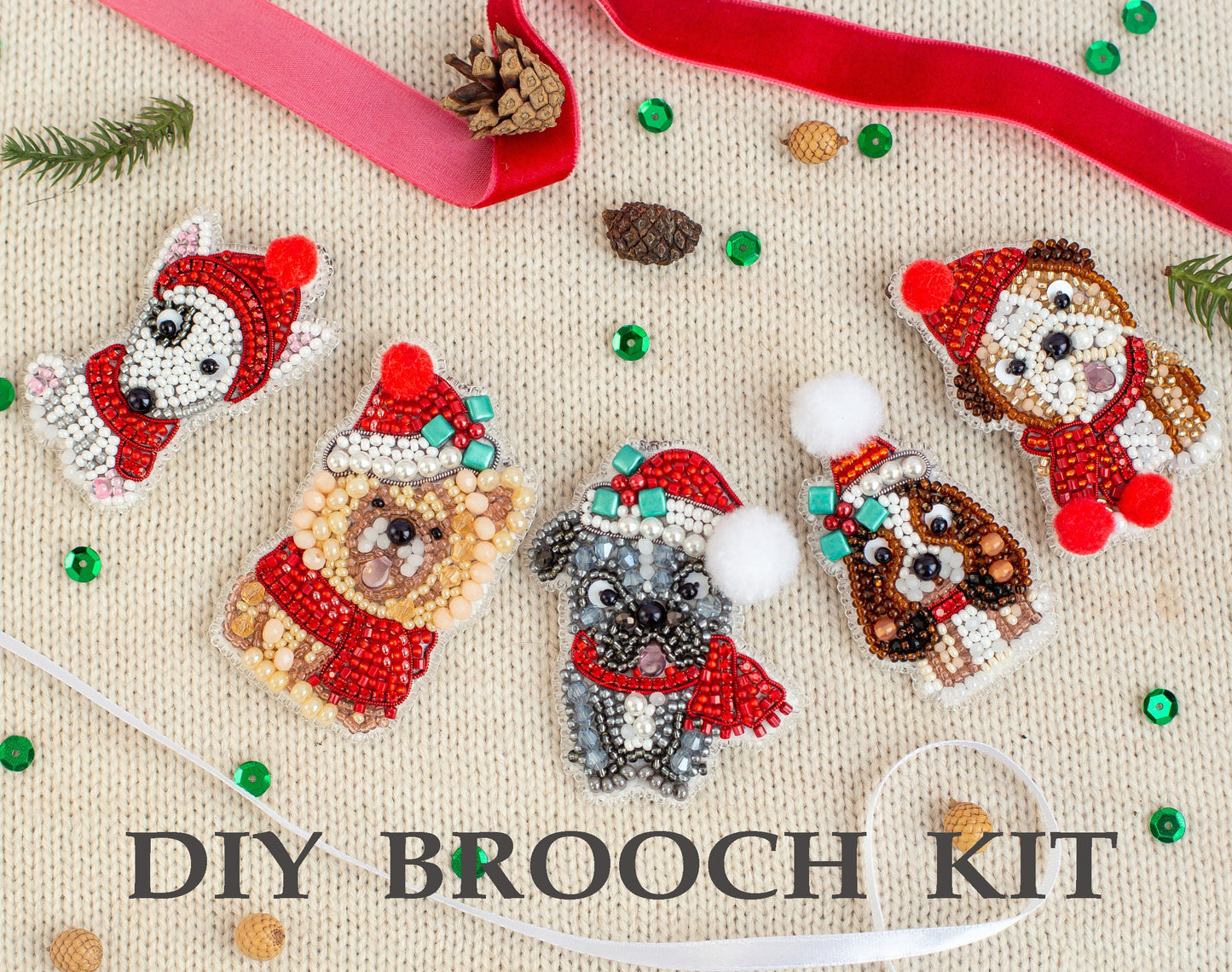 Christmas Bulldog Bead embroidery kit. Seed Bead Brooch kit. DIY Craft kit. Beading kit. Needlework beading. Handmade Jewellery Making kit