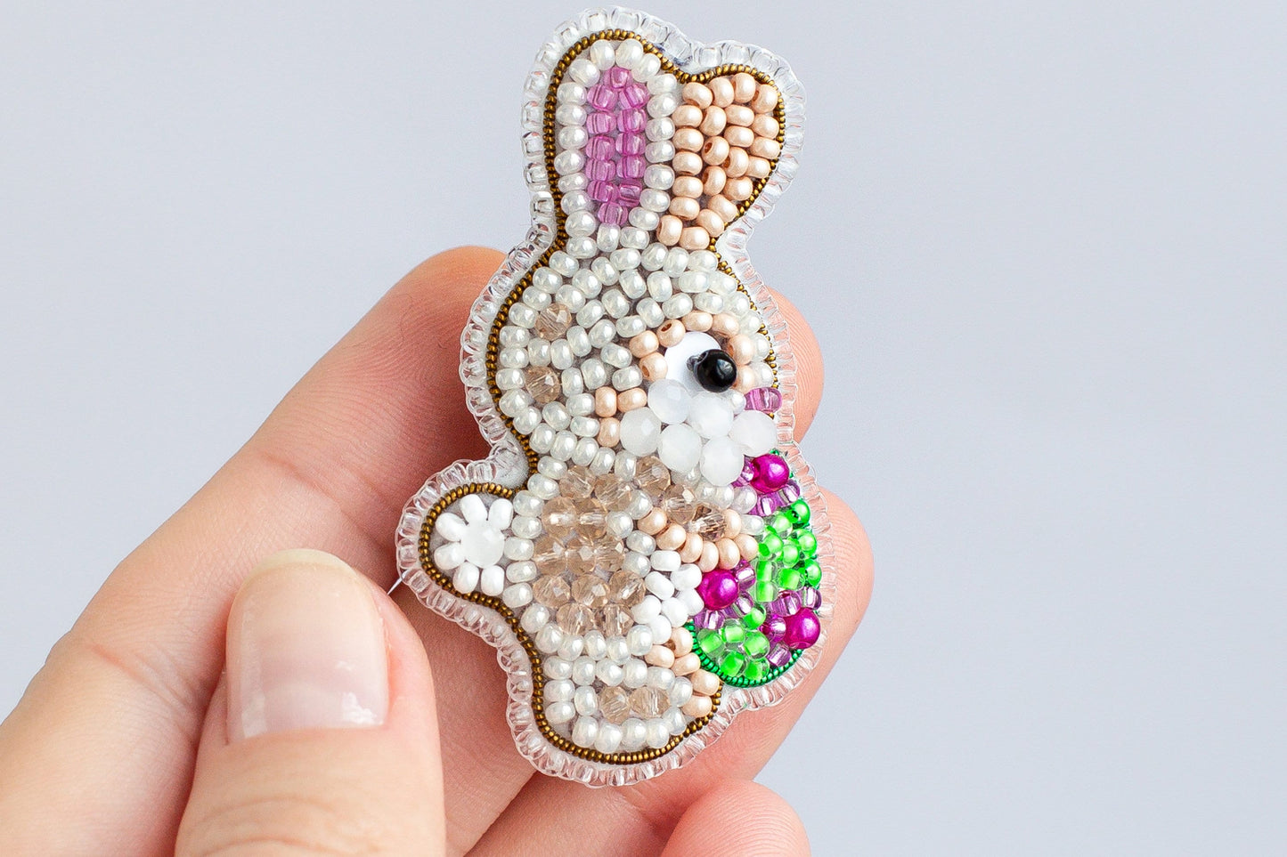 Rabbit with Egg Bead embroidery kit. Seed Bead Brooch kit. DIY Craft kit. Beadweaving Kit. Needlework beading. Handmade Jewelry Making Kit