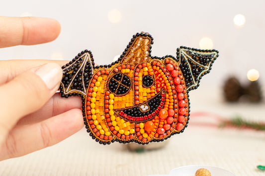 Halloween Pumpkin Bead embroidery kit. Seed Bead Brooch kit. DIY Craft kit. Beadweaving Kit. Needlework beading. Handmade Jewelry Making Kit