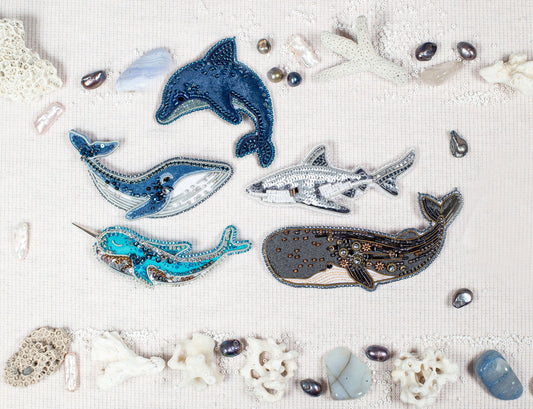 Set of 5 - Whale, Dolphin, Cachalot, Narwhale, Shark - Bead embroidery kits. Seed Bead Brooch kits. DIY Craft kits. Beadweaving Kits