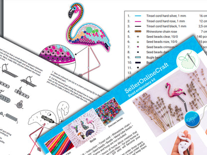 Flamingo Bead embroidery kit. Seed Bead Brooch kit. DIY Craft kit. Bird beading kit. Needlework beading. Handmade Jewelry Making Kit