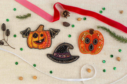 Set of 3 Halloween DIY Beaded Brooches Kits, Craft kits, Beaded Pumpkin Brooches, Jewelry Making Kits for Adults, Bead embroidery kits