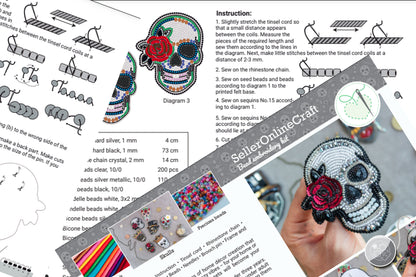 Skull Bead embroidery kit. Seed Bead Brooch kit. DIY Craft kit. Beading kit. Needlework beading. Handmade Jewelry Making Kit, Día de Muertos