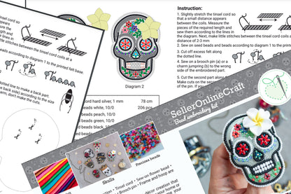 Skull Bead embroidery kit. Seed Bead Brooch kit. DIY Craft kit. Beading kit. Needlework beading. Handmade Jewelry Making Kit, Los Muertos