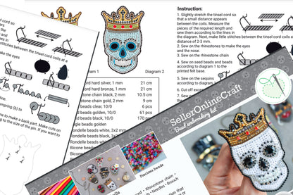 Skull Bead embroidery kit. Seed Bead Brooch kit. DIY Craft kit. Beading kit. Needlework beading. Handmade Jewelry Making Kit, Los Muertos
