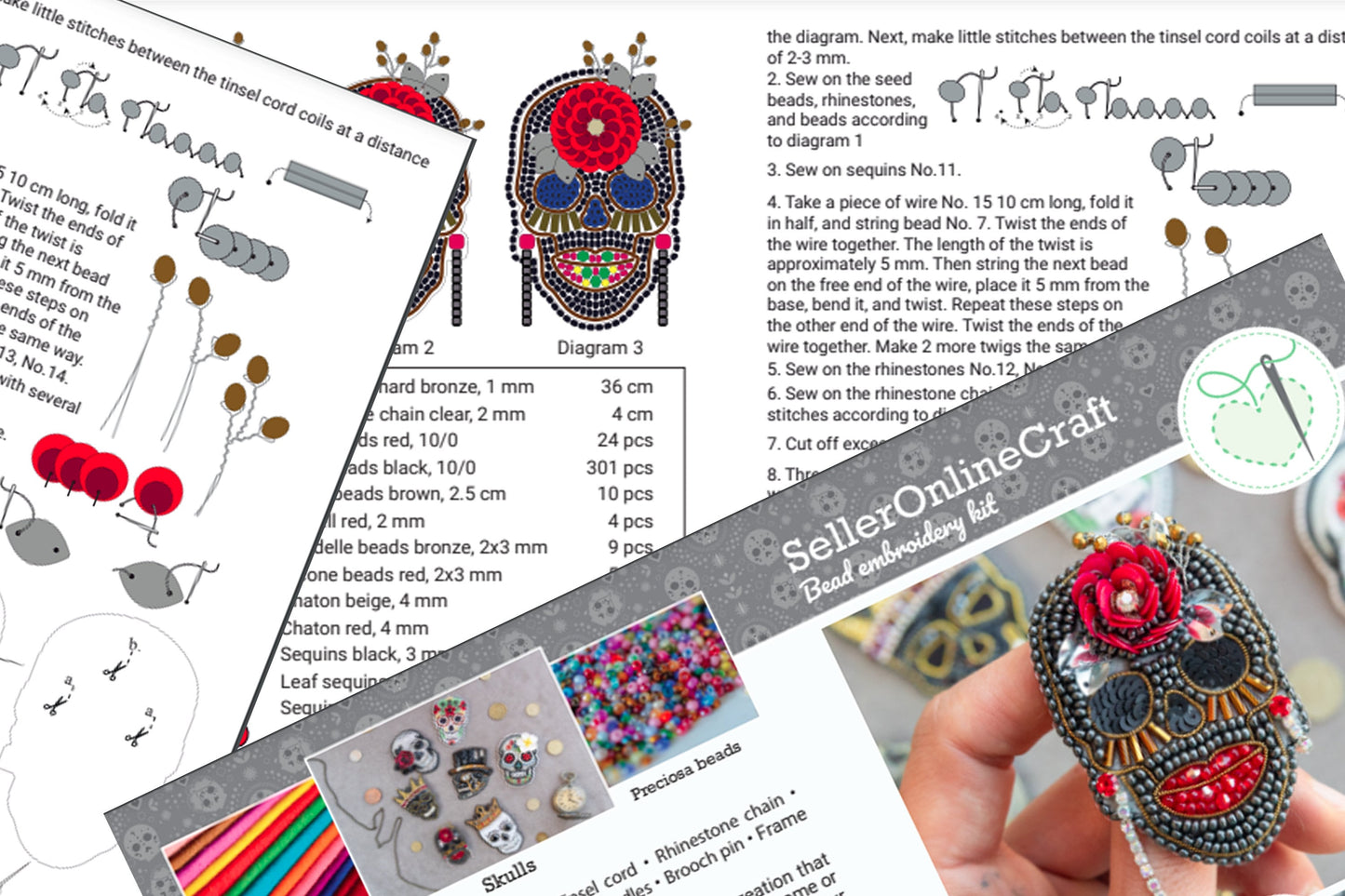 Skull Bead embroidery kit. Seed Bead Brooch kit. DIY Craft kit. Beading kit. Needlework beading. Handmade Jewelry Making Kit, Los Muertos