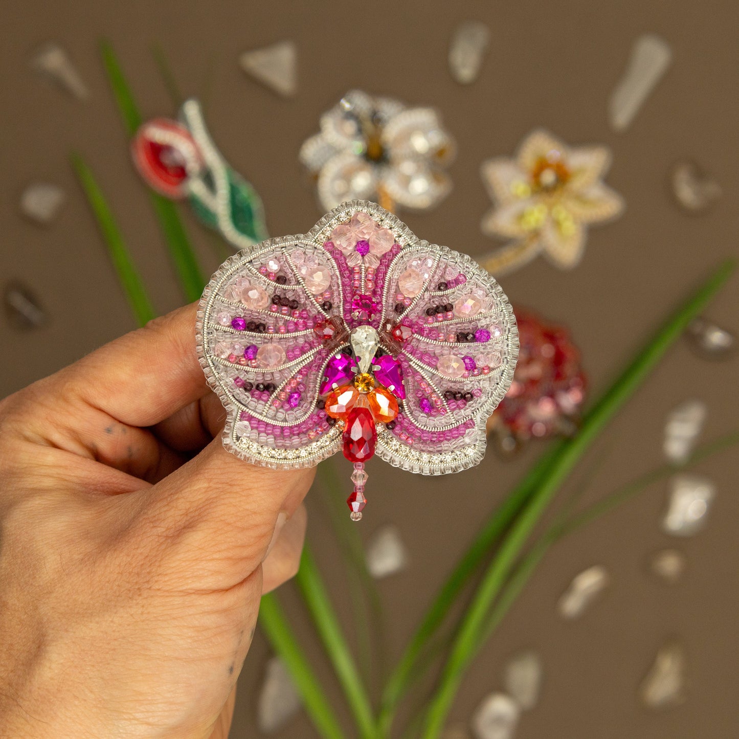 Orchid Flower Bead embroidery kit. Seed Bead Brooch kit. DIY Craft kit. Beading kit. Needlework beading. Handmade Jewelry Making Kit