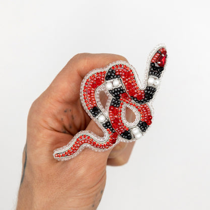 a hand holding a red and black snake brooch